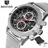 BENYAR Mens Date Chronograph Watches Mesh Stainless Steel Strap Waterproof (+ Box ) - Men'sWatchesCollections