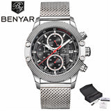 BENYAR Mens Date Chronograph Watches Mesh Stainless Steel Strap Waterproof (+ Box ) - Men'sWatchesCollections