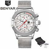 BENYAR Mens Date Chronograph Watches Mesh Stainless Steel Strap Waterproof (+ Box ) - Men'sWatchesCollections