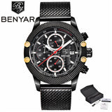 BENYAR Mens Date Chronograph Watches Mesh Stainless Steel Strap Waterproof (+ Box ) - Men'sWatchesCollections