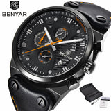BENYAR Mens Military Wrist Watches Chronograph Date Display Luxury Genuine Leather (+Box) - Men'sWatchesCollections