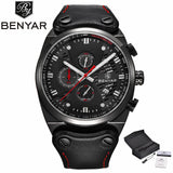 BENYAR Mens Military Wrist Watches Chronograph Date Display Luxury Genuine Leather (+Box) - Men'sWatchesCollections