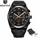 BENYAR Mens Military Wrist Watches Chronograph Date Display Luxury Genuine Leather (+Box) - Men'sWatchesCollections