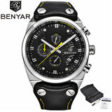 BENYAR Mens Military Wrist Watches Chronograph Date Display Luxury Genuine Leather (+Box) - Men'sWatchesCollections