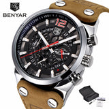 BENYAR Chronograph  Men Military Genuine Leather Strap Quartz Watches Top Luxury Brand (Box) - Men'sWatchesCollections