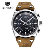 BENYAR Chronograph  Men Military Genuine Leather Strap Quartz Watches Top Luxury Brand (Box) - Men'sWatchesCollections