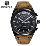 BENYAR Chronograph  Men Military Genuine Leather Strap Quartz Watches Top Luxury Brand (Box) - Men'sWatchesCollections