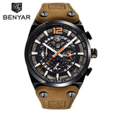 BENYAR Chronograph  Men Military Genuine Leather Strap Quartz Watches Top Luxury Brand (Box) - Men'sWatchesCollections